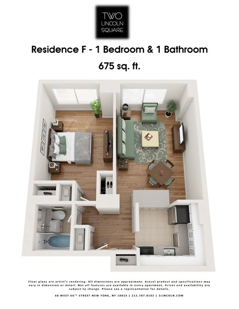 Floor plan for 1 bed, 1 bath, 675 sqft
